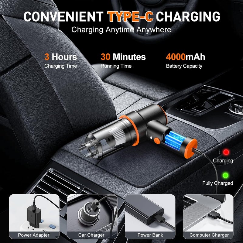 MM Handheld Car Vacuum Cleaner, 11000PA Vacuum Cleaner & Air Duster, 120W High Power Vacuum Portable Cordless, Hand Held Vacuum Rechargeable with Multi-Nozzles & LED Light for Home, Car, Office - Image 4